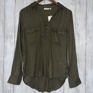SO Lace Up‎ Utility Shirt Olive Green Long Sleeve Button Pocket Women's Size M